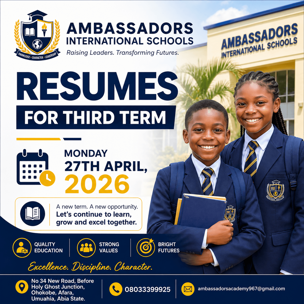Ambassadors International Schools Resumes for Third Term – April 27, 2026